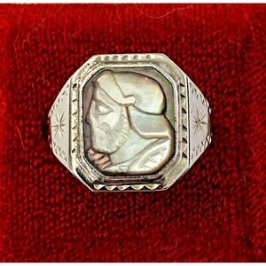 Antique Men’s Stainless Steel Signet Ring Centurion Cameo Mother of Pearl Sz10.5
